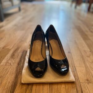 Cole Haan Collection black patent leather open-toed heels. Size 9B.